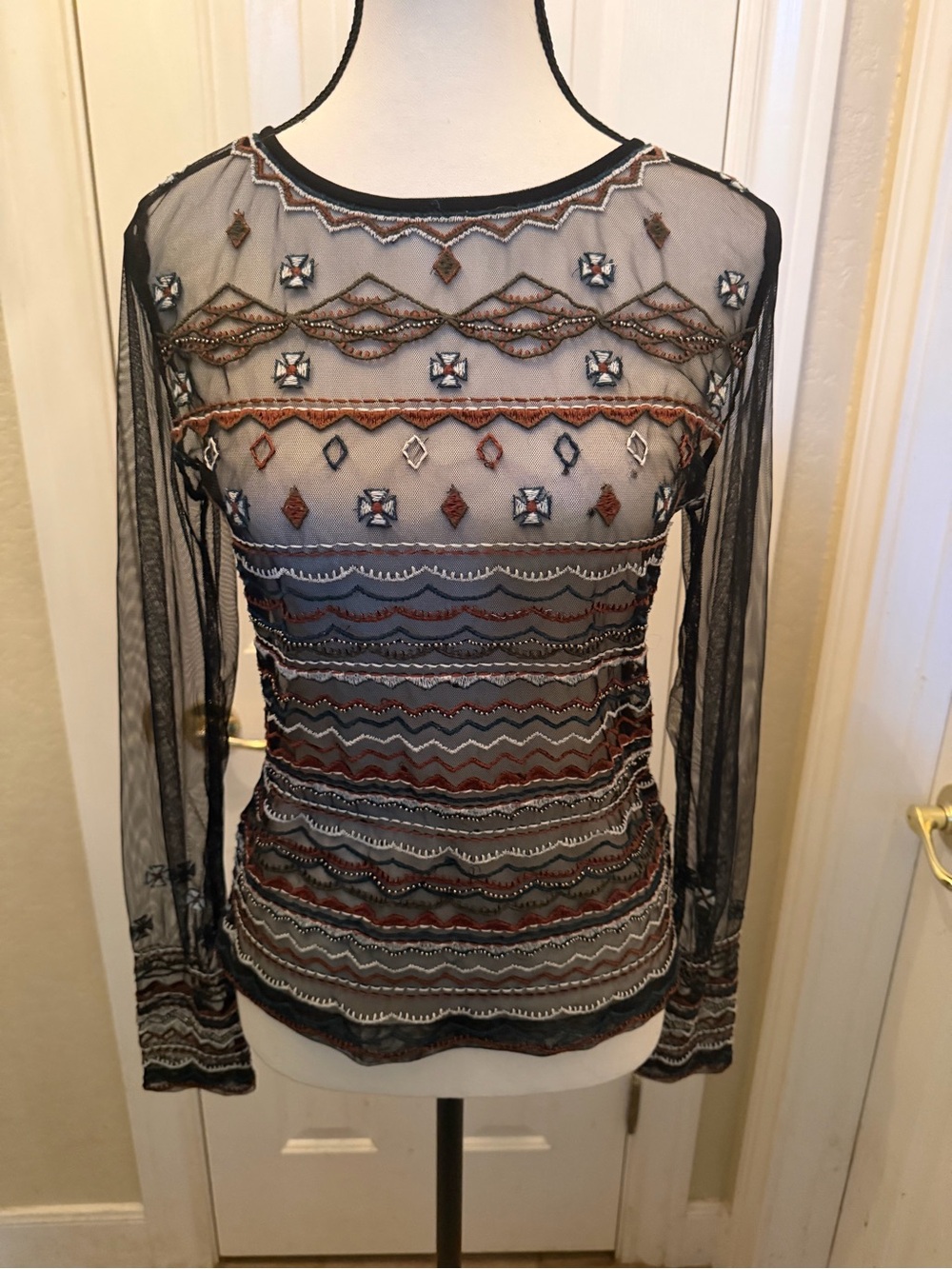 Shyanne Black Sheer Long-Sleeve Top with Multicolor Embroidery